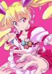  1girl blonde_hair bow choker collarbone cure_peach dress earrings foreshortening fresh_precure! frilled_dress frills frown h-new hair_ornament heart heart_earrings heart_hair_ornament highres jewelry long_hair magical_girl making-of_available momozono_love nail_polish pink_background pink_eyes pink_nails precure twintails very_long_hair 
