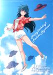  1girl absurdres anniversary artist_name ayukawa_madoka blue_eyes blue_hair character_name clouds cloudy_sky commentary copyright_name floral_print_shirt flying_saucer hat highres kimagure_orange_road long_hair looking_at_viewer outstretched_arms red_shirt shirt shoes short_shorts shorts sky smile sneakers solo spacecraft spread_arms standing standing_on_one_leg unworn_hat unworn_headwear white_footwear white_shirt white_shorts yukikaze_(isamiashi) 