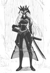 1girl armor braid breasts commentary_request couter covered_navel full_body gloves grass greyscale hand_on_sheath hand_rest hatching_(texture) headgear highres holding holding_sword holding_weapon igari_heiichi legs_apart linear_hatching long_hair long_sleeves mask minorun9 monochrome nue_no_onmyouji outdoors pants scabbard shadow sheath shirt side_braid single_braid single_glove solo standing sword tree very_long_hair weapon 