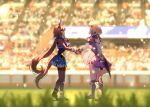 2girls admire_vega_(umamusume) amane_hikari animal_ears asymmetrical_footwear black_footwear black_pantyhose blonde_hair blurry blurry_background boots brown_hair cross-laced_footwear ear_covers from_side full_body high_heel_boots high_heels highres holding_hands horse_ears horse_girl horse_racing_track horse_tail lace-up_boots long_hair long_sleeves looking_at_another low_ponytail mismatched_footwear multiple_girls narita_top_road_(umamusume) pantyhose purple_footwear ribbon short_hair single_ear_cover tail umamusume white_footwear white_ribbon 