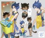 2boys age_difference boots cat_boy child collage fish gloves height_difference highres jiuniaoshan male_focus multiple_boys original rubber_boots rubber_gloves short_hair spiky_hair tan 