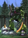  assault_rifle battle commentary_request duel forest gun gundam gundam_0080 heat_hawk kiha-1835200 machine_gun mecha mobile_suit nature no_humans one-eyed pine_tree rifle robot science_fiction shield shoulder_spikes smoke snowman_costume spikes spoilers tree weapon zaku_ii_fz_kai 