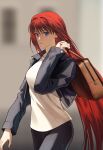  absurdres aozaki_aoko bag blurry blurry_background brown_bag closed_mouth commentary_request grey_pants highres holding holding_bag jacket kotomine_(a1569) long_hair long_sleeves looking_at_viewer melty_blood open_clothes open_jacket pants redhead shirt tsukihime very_long_hair walking white_shirt 