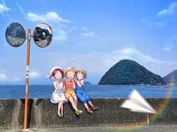  3girls ^_^ aged_down ahoge blue_overalls blue_sky closed_eyes clouds dress hat highres iroenpitsu_xxx light_brown_hair love_live! love_live!_sunshine!! medium_dress multiple_girls numazu on_railing orange_hair outdoors overalls paper_airplane photo_background railing red_shirt redhead sakurauchi_riko shirt short_hair shorts sitting sky sleeveless sleeveless_dress striped_clothes striped_shirt sundress suspender_shorts suspenders takami_chika traffic_mirror twintails watanabe_you white_dress white_hat white_shirt wide_shot yellow_shorts 
