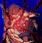  angry black_lightning blood blood_from_mouth blue_background fighting gauntlets half_mask highres hood hoodie injury iren_chuk itadori_yuuji jujutsu_kaisen mask missing_limb pink_hair punching ryoumen_sukuna_(jujutsu_kaisen) ryoumen_sukuna_(true_form)_(jujutsu_kaisen) school_uniform 