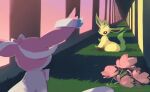  animal animal_ears animal_focus brown_eyes flower grass green_fur hallway leafeon nagasaki_wonderful on_grass open_eyes pink_flower pink_fur pokemon pokemon_(creature) sitting sylveon tail white_fur yellow_fur 