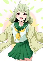 1girl absurdres ahoge araga_kiwi cardigan commentary cowboy_shot double_bun green_hair green_sailor_collar green_skirt hair_bun highres keijirou_(mukunozaltusou) long_sleeves looking_at_viewer mahou_shoujo_ni_akogarete mole mole_under_eye neckerchief open_cardigan open_clothes open_mouth outstretched_arms pleated_skirt red_eyes sailor_collar school_uniform serafuku shirt skirt smile solo spread_arms teeth upper_teeth_only white_shirt yellow_cardigan yellow_neckerchief 