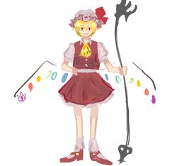  1girl ascot blonde_hair cosplay crystal_wings don_quixote_(project_moon) dumitaph flandre_scarlet flandre_scarlet_(cosplay) full_body hat hat_ribbon laevatein_(touhou) limbus_company mary_janes pointy_ears project_moon red_eyes red_ribbon ribbon shoes short_hair simple_background smile solo touhou white_background white_mob_cap yellow_ascot 