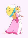  1girl antonin_(antn.mrt) blonde_hair blue_eyes blush_stickers closed_mouth crown dress earrings elbow_gloves english_commentary eyelashes gloves highres holding holding_umbrella jewelry long_hair looking_at_viewer looking_back parasol perry_(mario) pink_dress pink_lips princess_peach single_blush_sticker smile sphere_earrings standing super_mario_bros. super_princess_peach umbrella white_gloves yellow_umbrella 