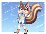  1girl absurdres animal_ears blue_background boots brown_eyes brown_hair ce_bluelizard chipmunk_ears chipmunk_girl chipmunk_tail extra_ears full_body gem gloves highres kemono_friends kemono_friends_v_project looking_at_viewer microphone ribbon shirt short_hair shorts siberian_chipmunk_(kemono_friends) simple_background solo tail thigh-highs vest virtual_youtuber 