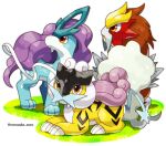  artist_name blue_skin brown_eyes brown_fur claws colored_skin entei fang grass highres long_hair looking_at_viewer looking_to_the_side lying no_humans pokemon pokemon_(creature) purple_hair raikou red_eyes ribbon rorosuke simple_background suicune white_background white_fur yellow_fur 