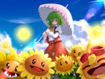  ascot edz_drawz field flower flower_field green_hair highres kazami_yuuka long_sleeves parasol plaid plaid_skirt plaid_vest plants_vs_zombies red_eyes short_hair skirt skirt_set solar_flare_(plants_vs_zombies_heroes) sunflower sunflower_(plants_vs_zombies) sunflower_field touhou umbrella vest 