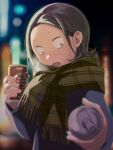  1boy black_hair blurry blurry_background can canned_coffee drink_can hekicha highres holding holding_can kabe_taijin male_focus medium_hair night outdoors paripi_koumei scarf solo upper_body 