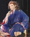  1boy alcohol barefoot blue_kimono brown_eyes crossed_legs granblue_fantasy japanese_clothes kimono long_hair male_focus minoru_(stgend) sake siegfried_(granblue_fantasy) sitting solo wide_sleeves 