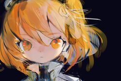  1girl a.i._voice adachi_rei black_background closed_mouth expressionless hair_ornament hair_ribbon highres jacket looking_at_viewer motion_blur nedoco one_side_up orange_eyes orange_hair painterly portrait ribbon simple_background solo swept_bangs turtleneck white_jacket 