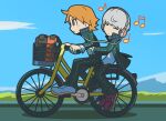  2boys absurdres bag bicycle bicycle_basket black_jacket black_pants brown_eyes brown_hair closed_eyes closed_mouth clouds day from_side grey_hair hanamura_yousuke headphones highres jacket listening_to_music long_sleeves male_focus multiple_boys musical_note narukami_yuu open_clothes open_jacket outdoors pants persona persona_4 riding riding_bicycle sach56000 shirt shoes sky 