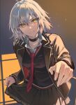  1girl black_choker black_jacket black_skirt black_sweater_vest blurry choker closed_mouth cowboy_shot depth_of_field earrings english_commentary fate/grand_order fate_(series) foreshortening hair_between_eyes highres jacket jeanne_d&#039;arc_alter_(avenger)_(fate) jeanne_d&#039;arc_alter_(fate) jewelry light_blush light_particles long_sleeves looking_at_viewer necktie offering_hand official_alternate_costume outstretched_hand pleated_skirt poppoman red_necktie school_uniform shirt short_hair skirt skirt_hold sleeves_past_wrists solo stud_earrings sunlight sweater_vest tearing_up white_hair white_shirt yellow_eyes 