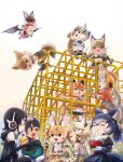  6+girls absurdres african_penguin_(kemono_friends) animal_ears bat_ears bat_girl bat_wings beleven black_hair blonde_hair blue_hair boots brown_hair brown_long-eared_bat_(kemono_friends) caracal_(kemono_friends) cat_ears cat_girl cat_tail chipmunk_ears chipmunk_girl chipmunk_tail coffee coyote_(kemono_friends) dire_wolf_(kemono_friends) drinking_straw elbow_gloves extra_ears fingerless_gloves food fox_ears fox_girl fox_tail geoffroy&#039;s_cat_(kemono_friends) gloves grey_hair guitar highres hood hoodie humboldt_penguin_(kemono_friends) instrument island_fox_(kemono_friends) jacket japari_bun jungle_cat_(kemono_friends) jungle_gym kemono_friends kemono_friends_v_project large-spotted_genet_(kemono_friends) leotard long_hair microphone multiple_girls noodles orange_hair pantyhose penguin_girl shirt short_hair shorts siberian_chipmunk_(kemono_friends) skirt sleeveless tail thigh-highs udon virtual_youtuber wings wolf_ears wolf_girl wolf_tail 