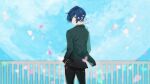  ao_(rkdy_yd) black_jacket black_pants blue_eyes blue_hair blue_sky blurry blurry_background closed_mouth commentary_request cowboy_shot dark_blue_hair digital_media_player from_behind full_moon gekkoukan_high_school_uniform hair_over_one_eye hands_in_pockets highres jacket long_sleeves looking_at_viewer looking_back male_focus moon outdoors pants persona persona_3 persona_3_reload railing school_uniform short_hair sky smile twitter_username yuuki_makoto_(persona_3) 