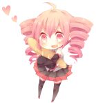  1girl ahoge baguette boots bread chibi detached_sleeves drill_hair drooling food full_body heart holding holding_food kasane_teto long_hair long_sleeves mouth_drool niwako open_mouth pink_eyes pink_hair pleated_skirt shirt skirt sleeveless sleeveless_shirt smile solo thigh_boots twin_drills utau 