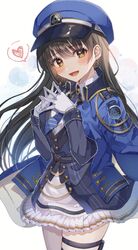  1girl blue_necktie breasts brown_eyes diesel_(nikke) earrings gloves goddess_of_victory:_nikke hat highres jacket jewelry large_breasts long_hair looking_at_viewer military_hat military_uniform necktie open_mouth shimada_(smd_dms) shirt skirt smile solo uniform white_gloves white_shirt 