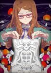  1girl akai_meganee android blue_ribbon brown_hair chinese_lantern_(plant) closed_mouth collared_shirt commentary_request flower glasses green_jacket hair_ornament hairclip hands_up highres holding holding_photo jacket long_hair long_sleeves looking_at_viewer mechanical_parts neck_ribbon orange_flower otome_kaibou_(vocaloid) petals photo_(object) pink_flower pretty_series red-framed_eyewear ribbon ribs shirt solo swept_bangs tsujii_luki upper_body violet_eyes waccha_primagi! white_shirt x-ray_film 