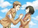  1boy 1girl black_hair blush brown_hair clouds cloudy_sky commentary_request day holding_hands jean_kirstein long_sleeves looking_at_another mikasa_ackerman military_uniform multicolored_hair nervous_sweating ngnjaot open_mouth outdoors red_scarf scarf shingeki_no_kyojin short_hair sky sweat two-tone_hair uniform 