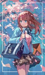  1girl absurdres anzu_(ensemble_stars!) arm_at_side bag blurry blurry_background book border bright_pupils brown_hair cowboy_shot crossed_legs dappled_sunlight day ensemble_stars! falling_paper falling_petals haiyanjiatang hand_up highres holding holding_book holding_strap jacket layered_clothes legs_together looking_back neck_ribbon open_clothes open_jacket outdoors outside_border parted_lips petals pleated_skirt ribbon school_uniform shoulder_bag sketch skirt sleeves_past_wrists solo split_mouth standing sunlight sweater_under_jacket transparent_border watson_cross wind wing_collar 