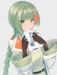  1girl biting braid chis-a gloves green_eyes green_hair holding holding_paper jacket long_hair long_sleeves misho39 multicolored_hair musical_note orange_hair paper solo voisona 