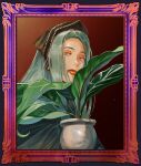  1girl 5altybitter5 border brown_eyes closed_mouth green_hair head_scarf lipstick long_hair looking_at_viewer makeup original ornate_border plant portrait potted_plant red_lips solo 