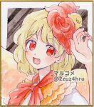  1girl 2zuz4hru :d bird bird_wings blonde_hair chick commentary_request feathered_wings fingernails happy head_tilt looking_at_viewer neckerchief niwatari_kutaka open_mouth painting_(medium) puffy_short_sleeves puffy_sleeves red_eyes red_neckerchief redhead shirt short_sleeves smile solo touhou traditional_media watercolor_(medium) white_shirt wily_beast_and_weakest_creature wings yellow_wings 
