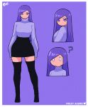  1girl ? absurdres artist_logo black_footwear black_skirt boots character_name commentary crim_(crim7x) english_commentary eyeliner from_side full_body highres long_hair long_sleeves looking_at_viewer makeup multiple_views original pencil_skirt purple_background purple_hair purple_sweater purple_theme simple_background skirt standing sweater thigh_boots upper_body violet_eyes 