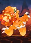  agumon breath_weapon breathing_fire claws colored_skin digimon digimon_(creature) fire full_body green_eyes hands_up highres lava looking_at_viewer no_humans open_mouth orange_skin oyomotin sharp_teeth solo teeth volcano 