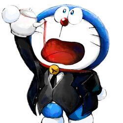  1boy bell black_suit collar doraemon doraemon_(character) drinking jingle_bell looking_up mochizuki_tagosaku necktie pouring pouring_onto_self red_collar red_nose solo suit teapot whiskers white_background 