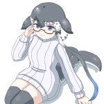  1girl adjusting_eyewear blowhole blue_eyes blue_hair blue_whale_(kemono_friends) blue_whale_(kemono_friends)_(cosplay) cetacean_tail cosplay dolphin_girl dress fins fish_tail glasses grey_hair grey_thighhighs head_fins kemono_friends long_sleeves mukouyama_mu multicolored_hair narwhal_(kemono_friends) semi-rimless_eyewear short_hair_with_long_locks solo sweater sweater_dress tail thigh-highs turtleneck turtleneck_sweater white_dress white_hair zettai_ryouiki 