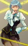  1girl absurdres ace_attorney ascot black_vest franziska_von_karma gloves highres holding holding_whip juliet_sleeves long_sleeves looking_at_viewer mole mole_under_eye pencil_skirt puffy_sleeves rat_nkmi short_hair skirt solo twisted_hair vest whip 