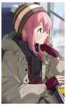  1girl absurdres beanie black_scarf blue_eyes border brown_hat brown_jacket cellphone commentary elbow_rest english_commentary fingerless_gloves gloves haerge hand_on_own_chin hat highres hood hooded_jacket jacket kagamihara_nadeshiko light_blush long_hair long_sleeves looking_afar looking_to_the_side open_clothes open_jacket parted_lips phone pink_hair pom_pom_(clothes) pom_pom_beanie profile puffy_long_sleeves puffy_sleeves purple_gloves red_sweater scarf smartphone solo sweater train_interior white_border window winter_clothes wireless_earphones yurucamp 