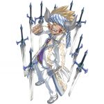  1boy allen_(gate_of_nightmares) belt blonde_hair brown_belt clenched_hand coat facial_mark from_above gate_of_nightmares hand_in_pocket hand_tattoo highres horns long_coat looking_at_viewer mashima_hiro multiple_swords official_alternate_costume official_art one_eye_closed open_clothes open_coat open_mouth pants print_coat purple_shirt shirt shoes short_hair simple_background solo spiky_hair standing sword tattoo teeth tongue tongue_out transparent_background weapon white_coat white_footwear white_pants 