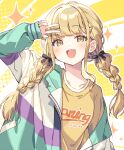  1girl :d black_bow blonde_hair blush bow braid clothes_writing commentary fang fujita_kotone gakuen_idolmaster hair_bow hair_ornament hairclip highres idolmaster jacket long_hair long_sleeves looking_at_viewer low_twin_braids low_twintails multicolored_background multicolored_clothes multicolored_jacket open_clothes open_mouth shirt simple_background single_off_shoulder skin_fang smile solo sparkle twin_braids twintails upper_body v_over_eye white_background yellow_background yellow_eyes yellow_nails yellow_shirt zoirun 