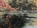  day forest highres mouen_tw nature no_humans original painting_(medium) park pond reflection reflective_water ripples rock shadow sunlight traditional_media tree water watercolor_(medium) 