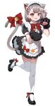  1girl ;d animal_ear_fluff animal_ear_legwear animal_ears animal_hands apron black_dress black_footwear breasts cat_ear_legwear cat_ears cat_girl cat_tail chobi_(penguin_paradise) dress extra_ears fang full_body gloves grey_hair highres large_breasts maid maid_apron maid_headdress multicolored_hair neneko_mashiro one_eye_closed one_side_up open_mouth paw_gloves redhead short_hair simple_background smile stellive streaked_hair tail thigh-highs two-tone_hair virtual_youtuber white_apron white_background white_thighhighs 