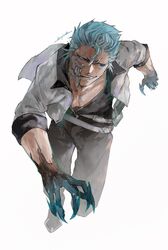  1boy absurdres arrancar belt black_pants bleach bleach:_sennen_kessen-hen blue_eyes blue_hair claws commentary_request facial_hair fighting_stance foreshortening full_body grimmjow_jaegerjaquez grin highres ikuyoan jacket katana leaning_forward long_sleeves looking_to_the_side nose open_clothes open_jacket open_mouth pants short_hair sidelighting signature simple_background sleeves_rolled_up smile solo spiky_hair sword tsurime v-shaped_eyebrows weapon white_background white_belt white_jacket 