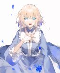  1girl :d blonde_hair blue_eyes blue_flower chest_tattoo collared_dress command_spell detached_collar dress falling_petals fate/prototype fate/prototype:_fragments_of_blue_and_silver fate_(series) flower frills hand_on_own_chest highres looking_at_viewer open_mouth petals rgb12800 sajou_manaka short_hair simple_background smile solo tattoo white_background 
