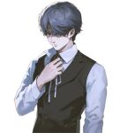  1boy black_vest closed_mouth commentary daan_(fear_&amp;_hunger) das_elend eyepatch fear_&amp;_hunger fear_&amp;_hunger_2:_termina grey_eyes grey_hair hand_on_own_chest long_sleeves medical_eyepatch neck_ribbon official_style persona persona_5 ribbon shirt simple_background solo upper_body vest white_background white_ribbon white_shirt 