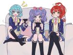  3girls aged_up ahoge ao_(ao0_0nemu) bad_id bad_twitter_id bag baozi black_thighhighs blue_eyes blue_hair blue_jacket blue_skirt bow collared_shirt concentrating couch cropped_jacket crossed_ankles crossed_legs dorothy_west feet_out_of_frame food full_body green_eyes hair_bow hands_up highres jacket kneehighs long_hair long_sleeves looking_at_viewer manaka_laala manaka_laala_(young) miniskirt mouth_hold multiple_girls necktie no_shoes on_couch open_mouth paper_bag paprika_private_academy_school_uniform pillow pink_bow pink_necktie plaid plaid_skirt playing_games pleated_skirt ponytail pretty_series pripara purple_hair redhead school_uniform shiratama_mikan shirt short_hair sitting skirt socks thigh-highs twintails vest wavy_mouth white_background white_shirt yellow_eyes yellow_vest 