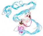  1girl antique_phone aqua_eyes aqua_hair bad_id bad_pixiv_id bare_shoulders belt blue_eyes blue_hair floating_hair hair_ornament hatsune_miku jumping long_hair looking_at_viewer lunch_(lunchicken) navel open_mouth pink_belt pink_thighhighs redial_(vocaloid) shirt skirt sleeveless smile solo stomach thigh-highs twintails very_long_hair vocaloid 