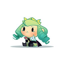  1girl absurdres black_cape black_footwear cape chibi chibi_only closed_mouth drill_hair english_commentary frown green_hair highres holding holding_stuffed_toy martina_zoana_mel_navratilova nunuestandar rachael_lillis shadow simple_background sitting slayers slayers_next solo stuffed_toy tearing_up white_background yellow_crown 