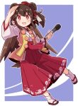  1girl :d animal_ears bird_wings black_hair black_wings blue_background blush bright_pupils brown_hair double_bun full_body hair_bun hakama hat highres holding holding_microphone japanese_clothes kimono long_sleeves looking_at_viewer microphone open_mouth original pom_pom_(clothes) red_eyes sandals short_hair simple_background skirt smile socks solo tabi tengu tokin_hat tsukimi_shokudouki white_pupils white_socks wide_sleeves wings yukinagi zouri 