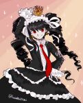  1girl arm_up artist_name black_hair black_jacket black_nails black_skirt celestia_ludenberg center_frills collared_shirt crown danganronpa:_trigger_happy_havoc danganronpa_(series) drill_hair frilled_skirt frills greyscale headdress highres jacket layered_skirt long_sleeves monochrome nail_polish necktie open_clothes open_jacket red_eyes red_necktie shirt simple_background skirt smile solo sparkle twin_drills twinklelitchii twintails white_shirt 