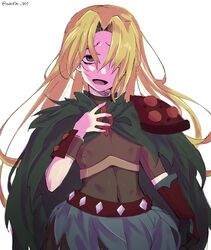  1girl amphibia armor blonde_hair bracelet breastplate brown_eyes cape cowboy_shot fur_cape fur_skirt gloves hair_over_one_eye hand_on_own_chest jewelry long_hair looking_at_viewer open_mouth parted_bangs sasha_waybright scar scar_on_cheek scar_on_face shirt shoulder_armor single_glove sketch solo spiked_belt standing sweater_701 tight_clothes tight_shirt twitter_username wristband 